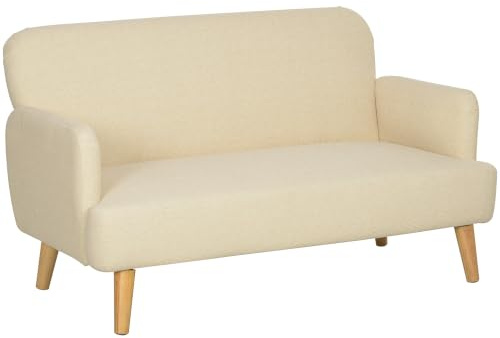 HOMCOM Modernes skandinavisches 2-Sitzer-Sofa aus Stoff mit Armlehnen, 2-Sitzer-Sofa mit 21 cm Polsterung Holzbeine für Wohnzimmer, Wohnbereich, Haus und Büro, 140x74x79 cm, Weiß-Creme