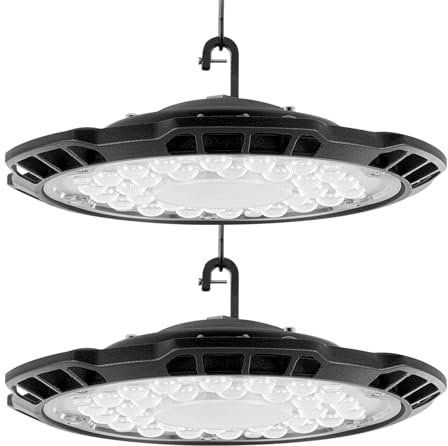 Bellanny 2 Pack 150W Hallenstrahler Werkstattlampe, 15000LM 6500K UFO LED Industrielampe Hallenleuchte - IP65 LED Werkstatt Deckenleuchte Scheinwerfer Strahler Innen für Garage Fabriken Läger Stadi