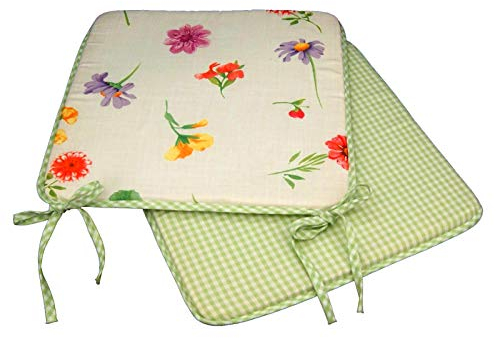 Sitzkissen beidseitig verwendbar mit Blumen und Vichy Karo in grün 38x38 cm - mit Paspel und Schleifen - Tischwäsche individuell kombinierbar aus Stuhlkissen Tischdecke Tischläufer Platzset - Landhaus Serie Garten Tischwäsche & Polster Kissen Typ330