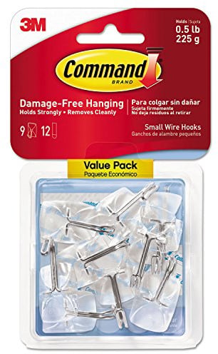 3M Command 17067CLR9ES Clear Hooks & Strips, Plastic/Wire, Small, 9 Hooks w/12 Adhesive Strips/PK