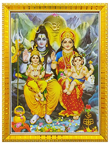 Koshtak Shiv Parivar Shiv Parvati Ganesh Kartikeya & Shivling Bilderrahmen mit glänzender Laminierung auf Poster mit goldenem Rahmen, für Puja-Zimmer, Tempel, Wandbehang, Geschenk, Heimdekoration,