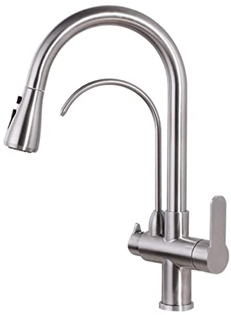 Küchenarmatur 3 Wege Wasserhahn Küche mit Brause Ausziehbar Edelstahl Gebürstet Wasserfilterhahn Drehbar Multifunktional Mischbatterie Küche