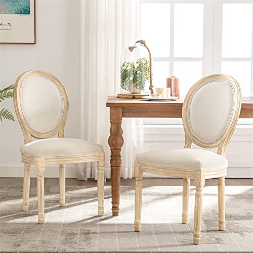 Französische Landhaus-Esszimmerstühle Bauernstoff-gepolsterter Esszimmerstuhl mit runder Rückenlehne Distressed-Holz, Vintage Mid-Century Esszimmerstuhl für Schlafzimmer Küche Esszimmer 2er-Set(Beige)