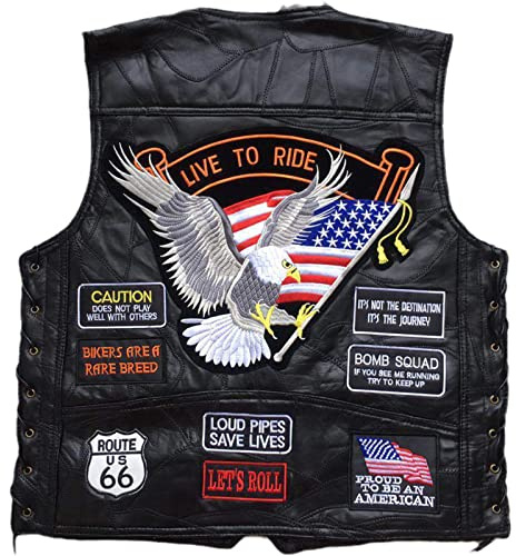 Vest en Cuir de Moto pour Hommes American Drapeau Aigle Eagle Brodé PU Gilet,A,M