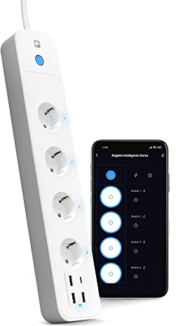 Garza Smart Steckdosenleiste mit Schalter, 4 Ausgänge, 2 USB-Typ-A, USB C und USB 3.0, Schnellladung PD20W/QC3.0, WLAN 2,4 GHz, programmierbar, Verbrauchsmesser, App und Sprachsteuerung, Alexa/Google
