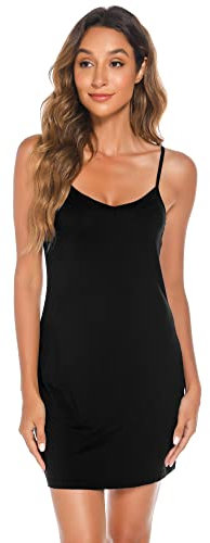 Vlazom Women's Full Slips Soft Slinky Petticoat Spaghetti Straps Ladies Sexy Nightdress Chemises Basic Underskirt Black,S