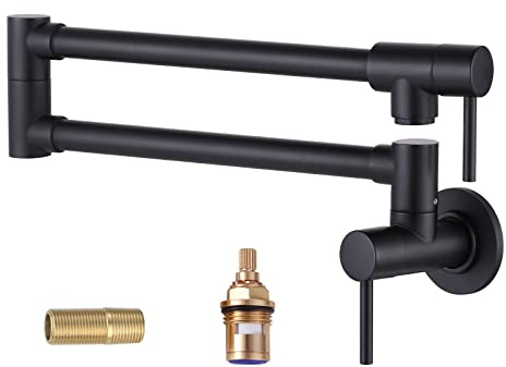 Messing Made Pot Filler Wasserhahn, ALEASHA Mattschwarzer Topffüller, Wandhalterung, zusammenklappbare Küchenspüle, Topffüller, Topffüller, einziehbares Einzelloch mit zwei Griffen für Spüle, Herd
