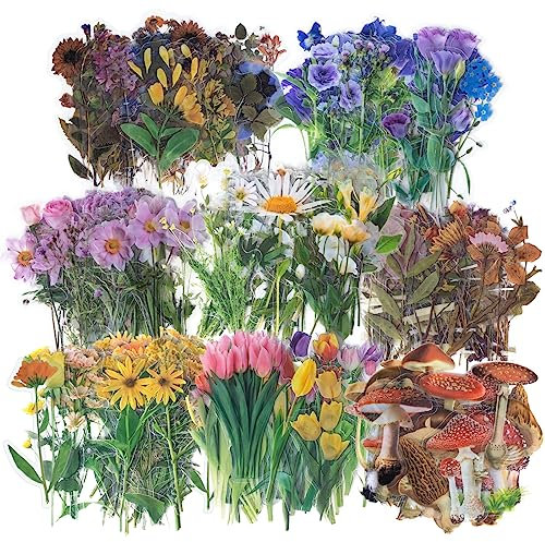 320Pcs Vintage Natural Flower Stickers, Transparent Floral Plant Decorative Decals, Self-Adhesive Pressed Flower Mushroom Stickers Set for Scrapbook Laptops