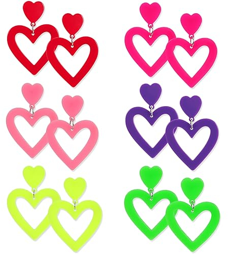 PHOGARY 80er Jahre Neon Ohrringe, 6 Paare Acryl Doppel Herz Ohrringe Bunte Statement Ohrringe für Damen, 70er Neon Schmuck Party Kostümzubehör für Kinder Mädchen Valentinstags Geschenk