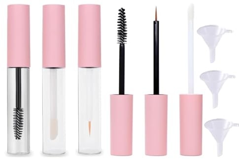 10ml Empty Mascara Tube and Wand Glass Amber, Eyeliner Tube and Lip Gloss Tubes Rubber Inserts and Funnels for Castor Oil, Glass Mascara Bottles, Ideal Kit for DIY Cosmetics (3 Pcs)