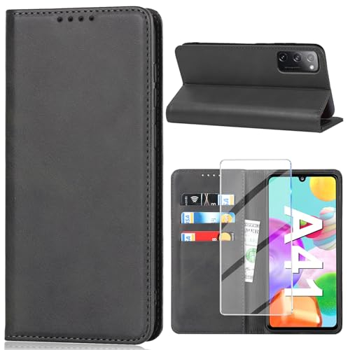 Handyhülle für Samsung Galaxy A41 Hülle mit Schutzfolie, Schutzhülle Galaxy A41 PU Leder Wallet Kartenfach Ständer Klapphülle Lederhüllen Case für Samsung A41 Tache Cover (Schwarz)