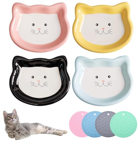 Gamelle Chat Ceramique, 4 Pièces Gamelles en Céramique pour Chat, Set Assiette Chat Colorées avec 4 Base Antidérapante, Gamelle Plate de Rechange Assiette pour Chatons pour Aliments Secs et Humides
