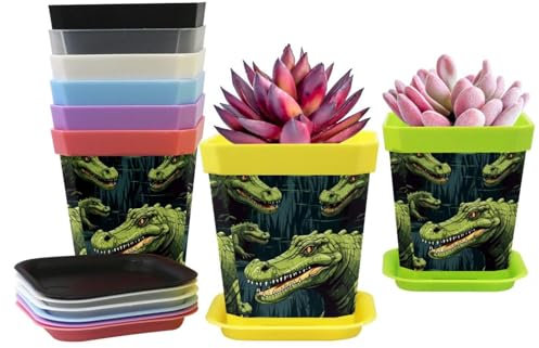 Lot de 8 pots de fleurs carrés en forme de crocodile avec soucoupe connectée, pots pour plantes Succuelnt et Little Snake 7 x 8 x 5 cm
