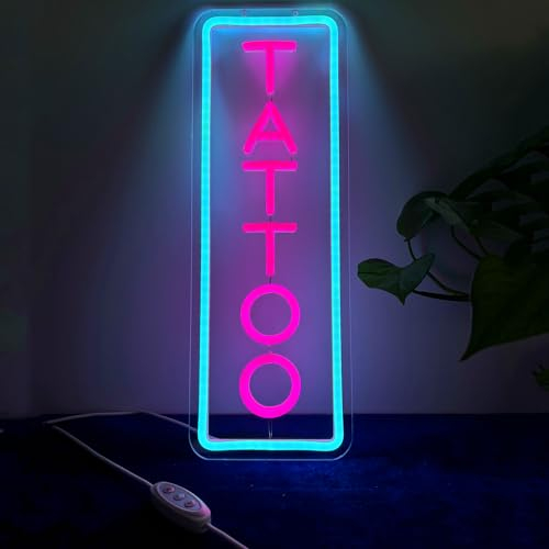 Insegna al Neon Dimmerabile con Tatuaggio, LED Riutilizzabile in Acrilico Blu Ghiaccio con Dimmer per Saloni di Tatuaggi, Studio, Targa per Negozi, Regali per Amici, 40 x 15cm (Blu Ghiaccio+Rosa)