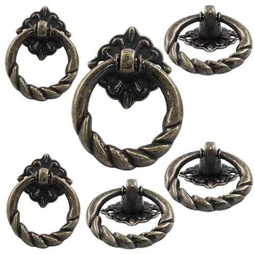 Unlorspy Schubladenknöpfe aus Metall, bronzefarbene Blume, Schubladengriffe, kleine Schrank-Ring-Ziehgriffe mit Schrauben für Kommoden, Schubladen (35 mm Außendurchmesser), 6 Stück