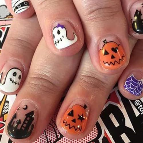 Boloshine 24pcs Halloween Faux Ongles Court Fantôme Château Press on Nails Autocollants Adhesif Fake Nails Acrylique Press on Nails pour Femmes Filles Décoration D'ongles DIY