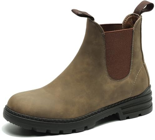 Cestfini Women's Low Heel Chelsea Boots Round Toe Elastic Ankle Booties Ladies Casual Slip On Leather Shoes 8.5, Khaki