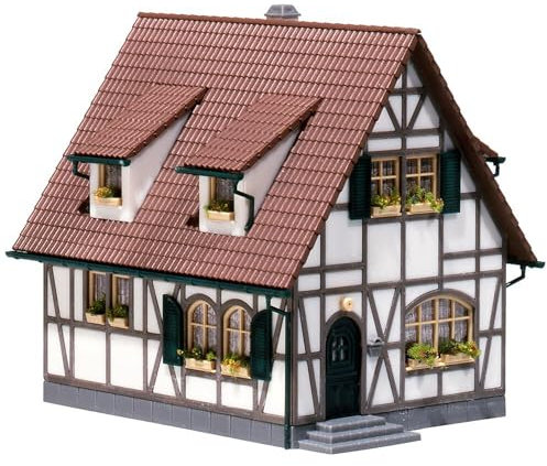 FALLER Einfamilienhaus Modellbausatz mit 89 Einzelteilen 115 x 95 x 115 mm I Modelleisenbahn Zubehör H0 I Modelleisenbahn H0 Einfamilien-Fachwerkhaus