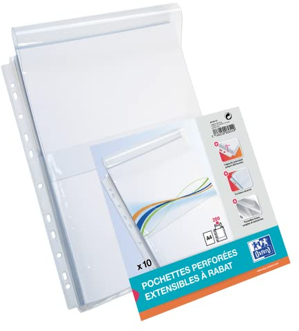 Oxford lot de 10 Pochettes perforées capacité extensible avec Rabat de Protection 11 Trous PVC Lisse A4 Incolore