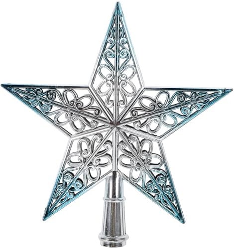 Amosfun Star Christmas Tree Topper Hollowed-out Silver Christmas Tree Top Xmas Tree Topper Ornaments for Holiday Party Decor (Silvery Blue)