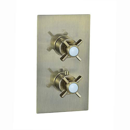 ENKI, Edwardian, TSV065, Concealed Thermostatic Twin Diverter Shower Mixer Valve with Two Outlets, Cross Handles, Traditional Bathrooms, Constant Temperature, Antique Brass