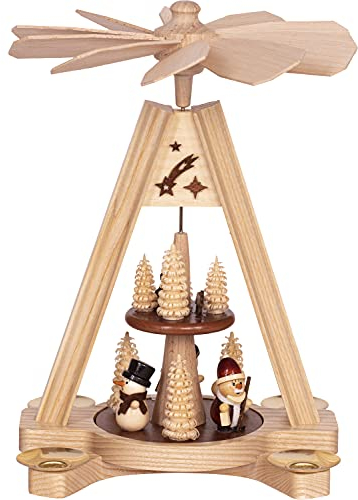 Saico Premium Tischpyramide - 2-stöckig Schneemann und Weihnachtsmann - Natur mit farbigen Akzenten für 4 Pyramidenkerzen - traditionellen Erzgebirgskunst für Festliche Momente - Made in Germany