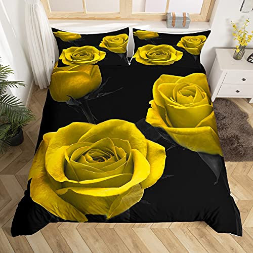 Rose Comforter Cover Golden Rose Floral Bedding Set for Boys Girls Children Romantic Flowers Bouquet Duvet Cover Luxury Black Gold Bedding & Linen Couple Lover Double Size Bedding & Linen 3Pcs