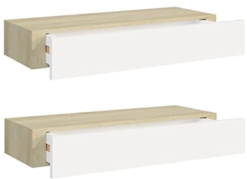 vidaXL 2X Wand Schubladenregal Wandschublade Schweberegal Hängeregal Wandschrank Wandboard Wandregal mit Schublade Eichenoptik Weiß 60x23,5x10cm MDF