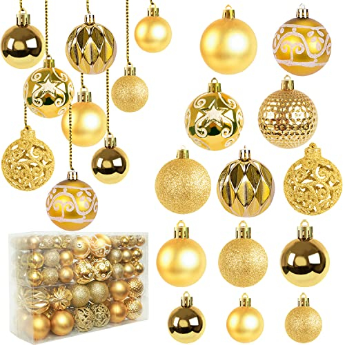 Ywlake Weihnachtskugel Ornamente Set für Weihnachtsbaum, 100-pcs Weihnachtsbaum Dekorationen Set Bruchfeste Weihnachtskugel Ornamente für Neujahrsparty Hochzeit Feiertag Weihnachtsdekoration (Gold)