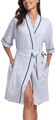 COLORFULLEAF 100% Baumwolle Morgenmantel Damen Kurz Leicht Sommer Bademäntel Kurzarm Sauna Kimono Weiche Dünn Frauen Nachtwäsche(Grau,L)