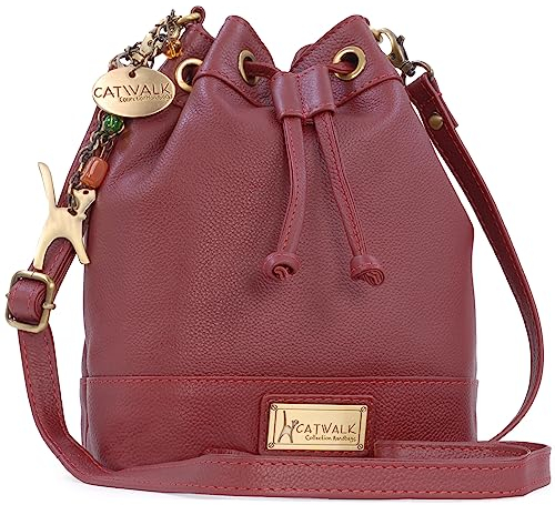 Catwalk Collection Handbags - Damen Leder Umhängetasche Mittelgroß - Beuteltasche/Handtasche - Verstellbarer Schultergurt - Rochelle - Rot