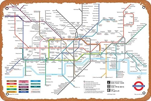 Londoner U-Bahn-Karte – Poster, Retro-Metallschild, Vintage-Blechschild für Bar, Mann, Höhle, Café, Büro, Zuhause, Wanddekoration, Geschenk, 30,5 x 20,3 cm