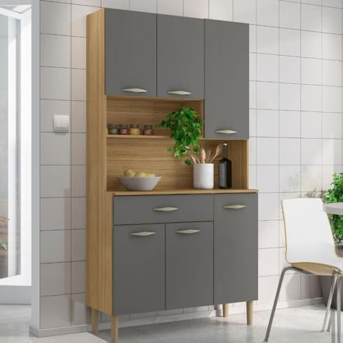 KITS PARANA Buffet de Cuisine 6 Portes 1 Tiroir Chêne et Gris 7 Niches L 90.9 H 173.5 P 36.3 cm