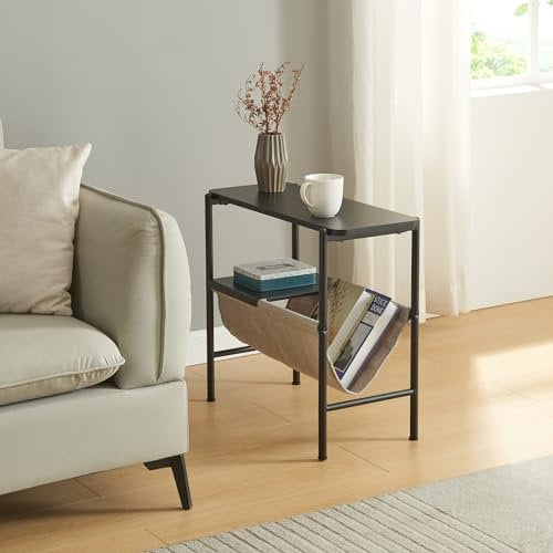 [en.casa] Table d'Appoint avec Porte-Revues Table Basse avec Étagère et Range-Journaux Bout de Canapé Support Plantes Panneau de Particules Acier Polyester 60 x 28 x 53 cm Noir Gris
