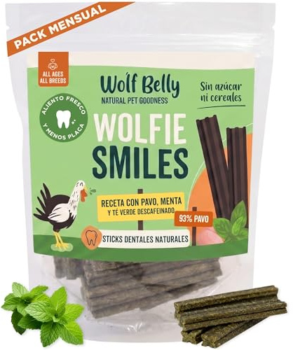 Wolf Belly - Stick Dental Perro Natural (28 uds.) 93% Pavo y Menta | Higiene oral, Snack dental rico en proteínas, Textura resistente, Sin cereales ni azúcares, Nutritivo, Hecho en Europa
