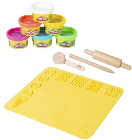roba x Play-Doh Nachhaltiges Spielset - 3D-Kreativmatte, FSC-zertifizierte Holzwerkzeuge, 6 Knetdosen - Pädagogisch wertvoll - Tolles Geschenk für Kinder ab 3 Jahren