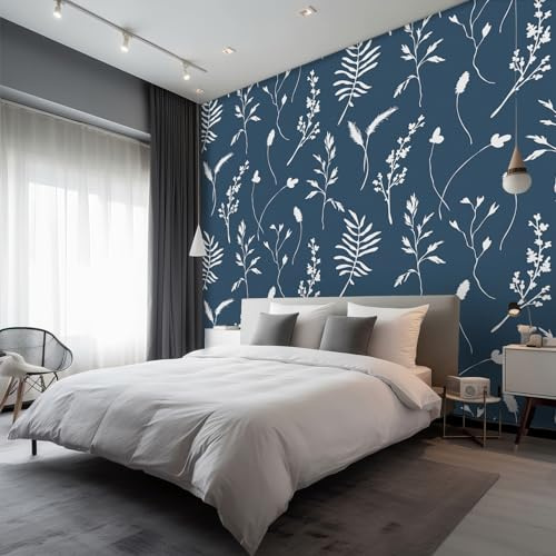 Midnight Blue Wallpaper, Leaf Botanical Wallpaper for Living Room, Bedroom, Non-Woven Decor Wall Paper, Photo Wallpaper Mural Dining Room, Hallway, Lounge, 250 x 175 cm, Midnight Blue