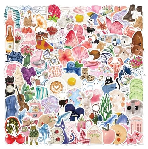 100 Pcs Watercolor Diary Scrawl Stickers for Guitar,Bicycle,Laptop,Water Bottles,Skateboard,Computer,Cute Style Stickers Waterproof Vinyl,Graffiti Decorate for Girls Boys Children Teens
