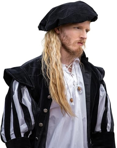 Leonardo Carbone® Herren Kopfbedeckung Samt-Barett Kurt | Integriertes Band | Raffungen Hinten | Karneval, Halloween, Cosplay, LARP, Mittelalter, Barett, Hut, Baumwolle | 100% Baumwolle Schwarz XL