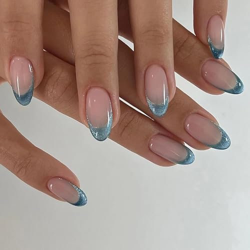 24Pcs Cat Eye False Nails French Tip - Almond Press on Nails - Blue Green Glitter Stick on nails - Fake Nails with Glue - Almond Nail Tips Glue on Long Lasting Elegant for Women