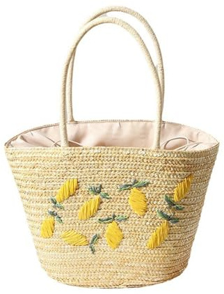 DOTBUY-SHOP Zitrone Stroh Strandtasche, Elegant Korbtasche 2025 Strohtaschen Damen Sommer Leger Korbtaschen Damen, Handgewebte Sommertaschen Basttasche für Sommerurlaub, Reisen & Urlaub