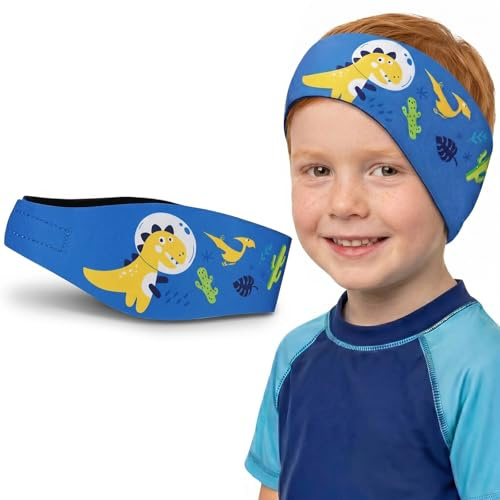 Bandeau de Piscine Oreille Enfant en Néoprène, Protection Natation Ajustable pour Baignade et Sports Nautiques, Bandeau Oreille Piscine Enfant Motif Dinosaure Bleu, 58cm