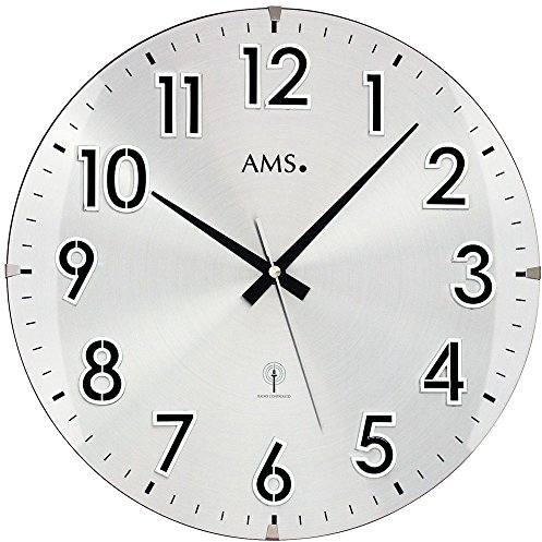 AMS. Design 5973 Horloge murale radio-pilotée ronde de qualité supérieure pour cuisine, bureau, salle d'attente - Argentée, Noires - 32 cm x 38.5 cm x 38.5 cm