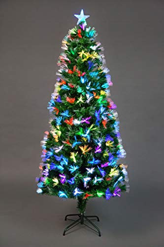 SHATCHI 5Ft/150cm Fibre Optic Christmas Star Topper-Firework Flower Effect-Pre-Lit Green Artificial Xmas Tree-Multicolor Changing Lights, PVC, 140 cm
