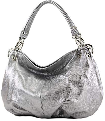 modamoda de IT40 Damen Leder/Nappaleder Schultertasche Hobo Bag handmade in Italy, Farbe:Silbergrau-Metallic Leder