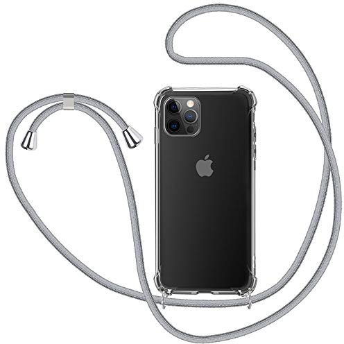 XTCASE Hülle für iPhone 12/12 Pro (6.1) mit Band Transparent Handyhülle Stossfest Schutzhülle - Schnur mit Case zum Umhängen in Grau