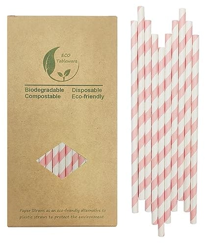 Light Pink Striped Paper Drinking Straws, Disposable Blush Pink White Stripes Straw for Cute Princess Party Decoration, 7.75 Inches, Box of 100