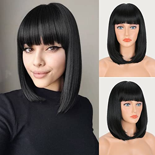 FESHFEN Kurze Bob Schwarze Perücken mit Pony für Damen Frauen Mittellange Synthetik Perücken Gerade Haar Perücken für Karneval 35 cm