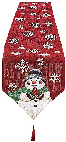 PLCatis Schneemann Weihnachten Tischläufer 183 × 33cm Gestickte Tischdecke Weihnachten Rot Weihnachtsläufer Waschbar Festliche Weihnachtstischdekoration mit Quasten für Tisch Dekoration