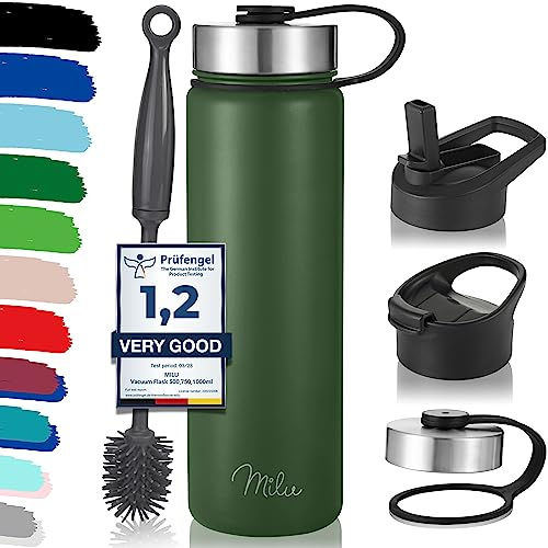 Milu Bouteille en acier inoxydable 500ml, 750ml, 1l (+3 couvercles) - Bouteille thermo avec paille, bouteille d'eau, pour boissons chaudes, froides et gazeuses (Vert olive, 750ml)